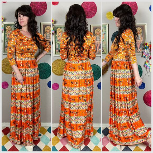 Vintage 1960s Orange Floral and Striped Long Sleeve Maxi Dress - Picture 3 of 7